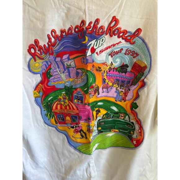 RARE Vtg NEW Men's Large White 1997 Rhythms Of The Road 7 Up Tour Graphic Shirt - Picture 1 of 5